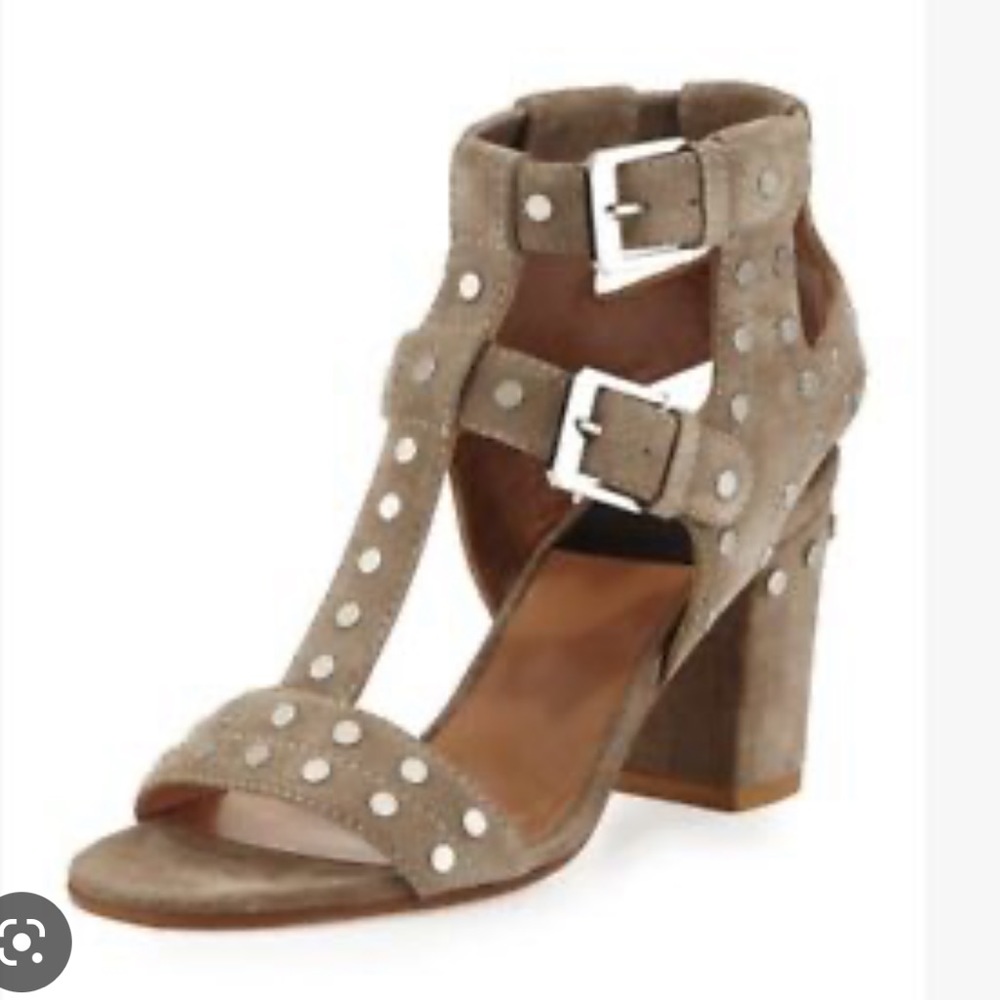 Laurence Dacade suede beige neutral & silver studded T strap sandals block heel